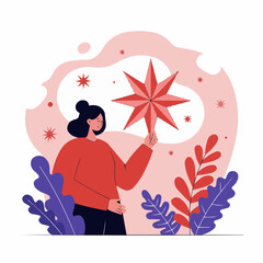 Woman holding a red star decoration among colorful foliage and stars  