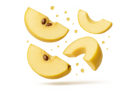 Golden delicious apple slices isolated on a transparent background, fresh fruit