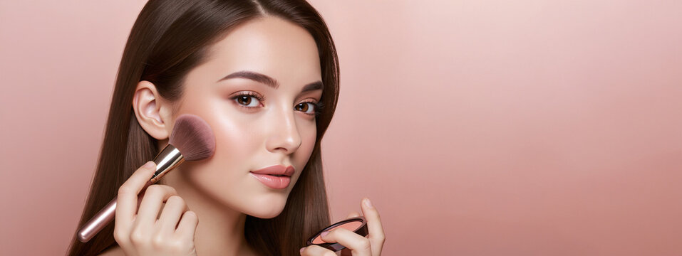 Young woman applying blush with makeup brush on pink background. Studio beauty portrait. Cosmetics and skincare concept. Image for poster, banner, wallpaper and advertisement. Portrait with copy space