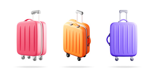 Three colorful travel luggage suitcases standing set. Summer travel and vacation concept. 3d stock vector illustration collection for tourism.
