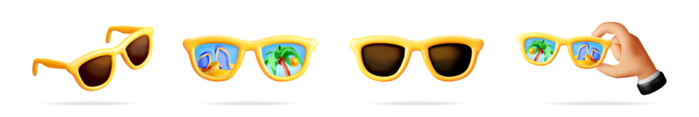 Yellow summer sunglasses set. Sun glasses with palm tree and flip flop reflection. Holiday vacation travel concept 3d illustration.