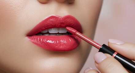Pink lips applying red liquid lipstick on beige background. Macro beauty close up. Lip makeup and cosmetics concept. Image for banner, poster, wallpaper and advertisement