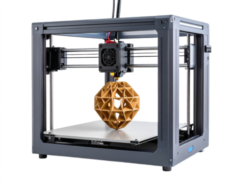 A modern 3D printer creating a complex geometric shape with precision and detail