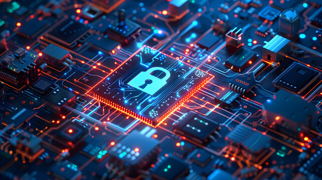 Digital security concept with circuit board and glowing padlock symbolizing cybersecurity