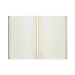 An open book displays two blank cream colored pages with a white bookmark. Ideal for custom text, designs, or educational content.