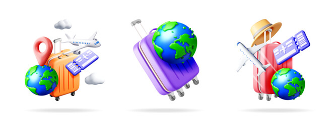 Three 3d travel icons showing vacation planning, worldwide journey, luggage with hat, airplane, tickets, and globe. For travel agency website.