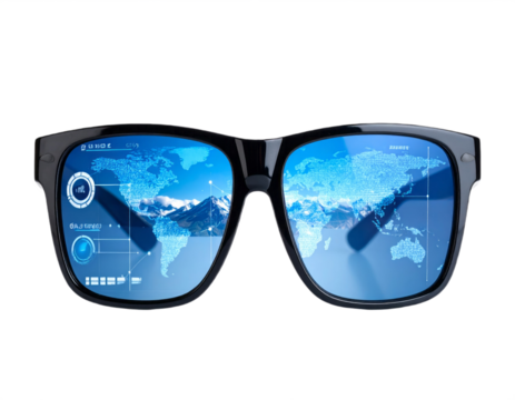 Futuristic smart glasses displaying a digital world map and data overlay