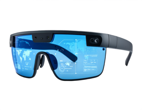 Futuristic augmented reality smart glasses with holographic interface and digital displays
