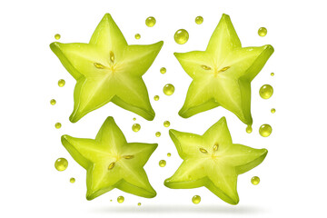Obraz premium Group of fresh ripe Star Fruits slices isolated on transparent background, exotic