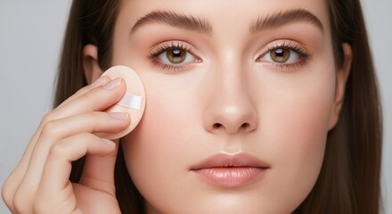 Woman applying concealer with sponge under eye on gray background. Beauty routine portrait. Concealer and skincare concept. Image for banner, poster, wallpaper and advertisement