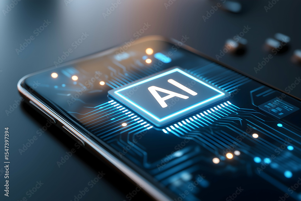 Aufkleber a smartphone displaying an illuminated ai chip icon, symbolizing artificial intelligence and advance