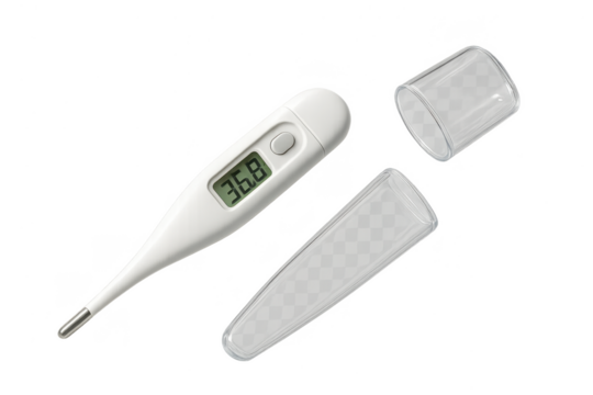 Digital thermometer showing 36.8 degrees isolated on transparent background