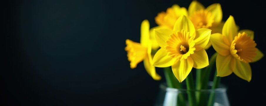 Bright yellow daffodils cluster in glass vase, dark backdrop, yellow, yellow flowers