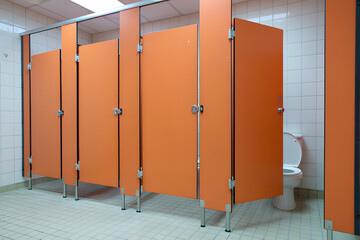 Orange Public Toilet Cubicles with Metal Hardware and White Tile Walls A Functional Restroom Design with Privacy and Durability in a Modern Setting