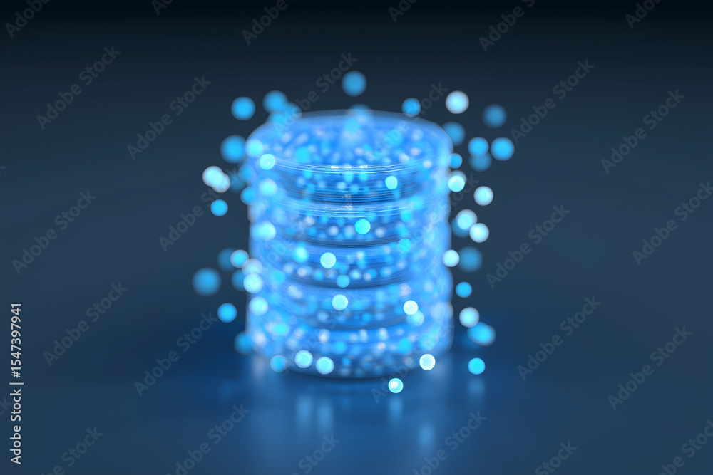 Poster a glowing stack of digital data disks surrounded by floating blue light particles on a dark backgrou