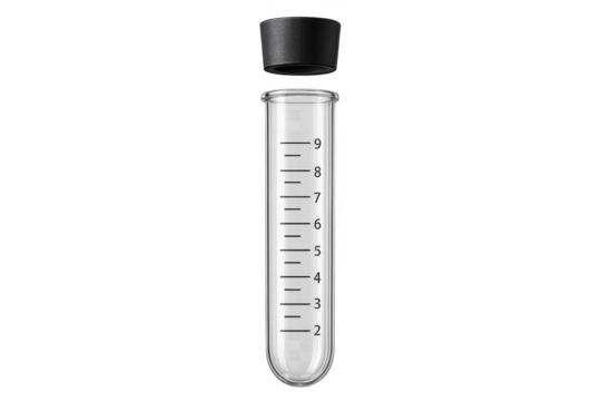 Empty laboratory graduated test tube with a black cap on transparent background