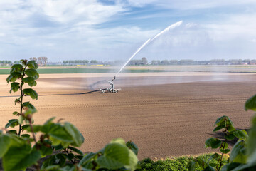 Irrigatiesysteem op het veld. Waterkanon spuit water over droge akker 