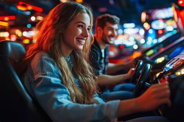 Couple playing racing games sitting on arcade racing bikes, competing and having fun while immersed in a thrilling arcade experience, Generative AI