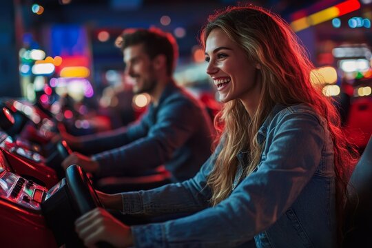 Couple playing racing games sitting on arcade racing bikes, competing and having fun while immersed in a thrilling arcade experience, Generative AI