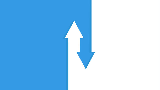 A white upward arrow and a blue downward arrow overlap on a split blue and white background