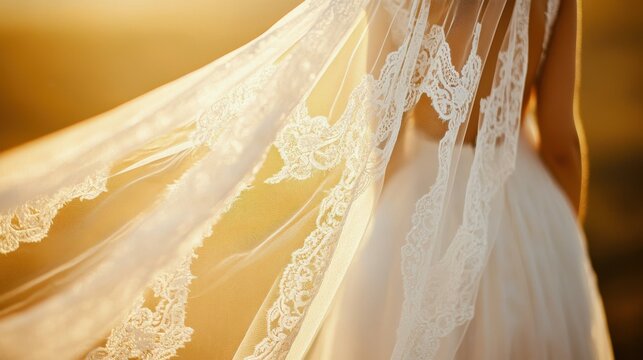 Woman in wedding dress with veil in golden hour field