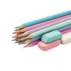 Naklejka premium A collection of pastel colored pencils and rubber erasers, ideal for artistic endeavors, schoolwork, or creative design projects.