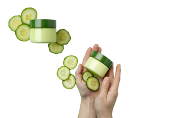 Hands hold skin cream and cucumber slices, isolated on white, PNG
