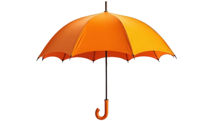 An orange umbrella is open and sitting on a white background. The umbrella is large and has a brown handle