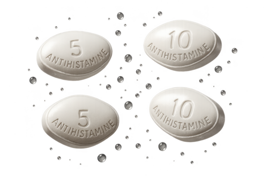 Isolated antihistamine pills with dosage indicators on a transparent background