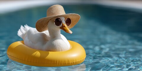White Duck in Sunglasses and Straw Hat on Yellow Inflatable Ring in Blue Pool