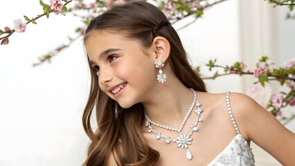 A girl smiles wearing jewelry with pink flowers in the background in a studio setting indoors
