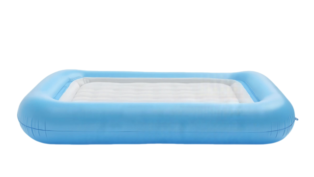 A blue inflatable bed is placed on a white surface. The bed is made of plastic and is blue and white in color. It is a comfortable and portable bed that can be easily inflated and deflated