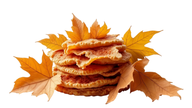 A stack of pancakes with a pile of leaves on top. The pancakes are golden brown and the leaves are orange. Concept of warmth and comfort, as the pancakes and leaves are associated with breakfast