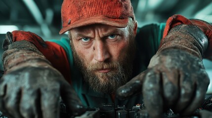 Obraz premium A rugged mechanic diligently repairs machinery, showcasing concentration and determination amidst a workshop filled with tools and equipment, reflecting hard work and expertise.