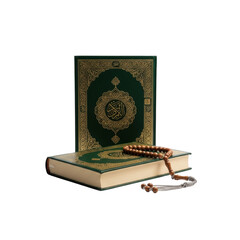 Sacred quran books and prayer beads, essential items for islamic worship and spiritual reflection.