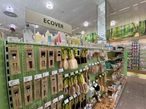 Palma De Mallorca, Spain - June 20, 2025: Eco-friendly product display in a retail store showcasing Ecover brand items, emphasizing sustainable living and natural materials for a greener lifestyle