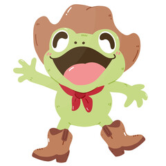 Cute Kawaii frog with cowboy hat and boots howdy cartoon