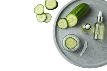 Cucumber slices with skincare for wellness, isolated on white, PNG
