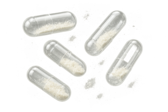 Transparent capsules with white powder filling isolated on transparent backdrop