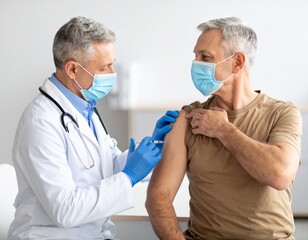 Fototapeta premium Doctor Administering Vaccine to Elderly Male Patient – Medical Immunization Concept