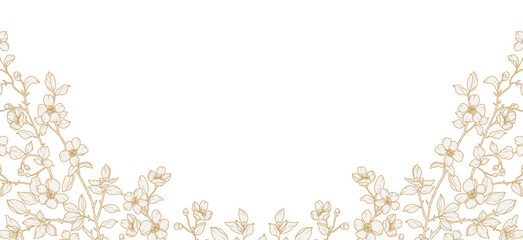 Floral frame in line art style. Background with hand drawn pattern of spring flowers, branches, leaves. Vector illustration with elegant botanical decorative elements