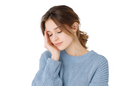 A young woman in a cozy blue sweater gently rests her hand on her face. conveying a sense of contemplation or relaxation. set against a soft white background