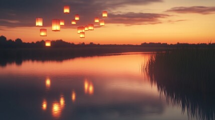 Naklejka premium Beautiful orange sunset reflection over a calm river landscape with clouds