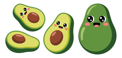 Cute Cartoon Avocados Whole and Halved Illustration