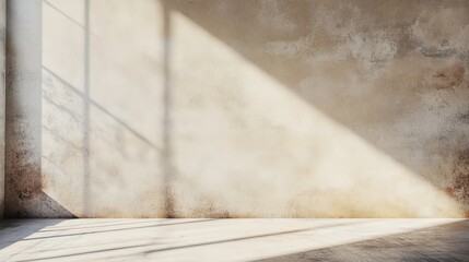 Sunlit empty room with textured walls and floor