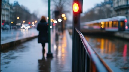 Obraz premium City street scene at dusk, wet pavement