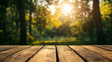 Sunlit forest scene with rustic wooden planks in foreground