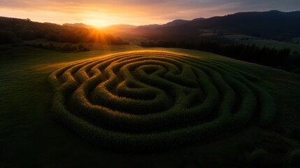 Naklejka premium An aerial shot of a stunning labyrinth carved into a vibrant green field, illuminated by the warm light of a sunset, creating a captivating visual experience of nature.