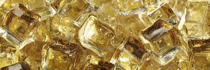 Golden ice cube pile, light catching edges, creating a sense of refreshing coolness and translucent beauty