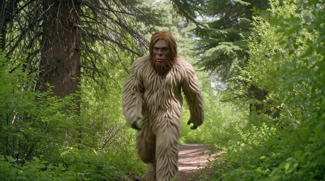 Sasquatch walks through the vegetation of a natural forest habitat